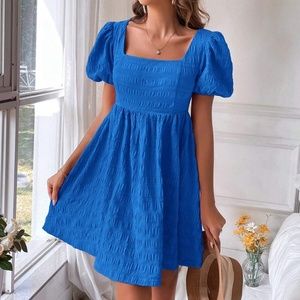 Blue Puff Sleeve Mini Dress